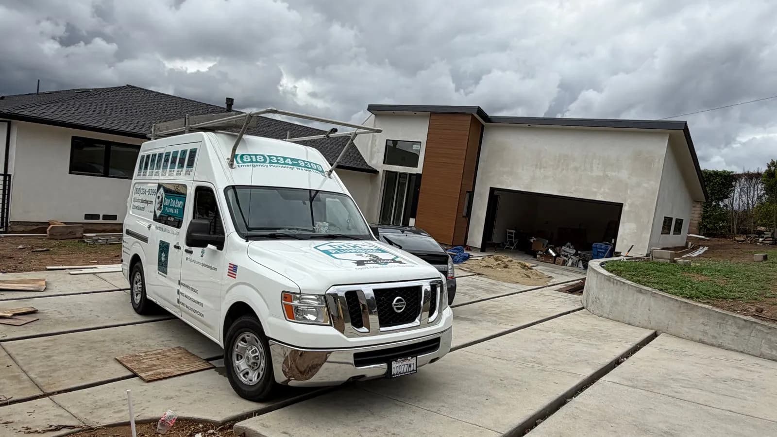 Altadena new construction plumbing with exterior progress and service vehicle on site