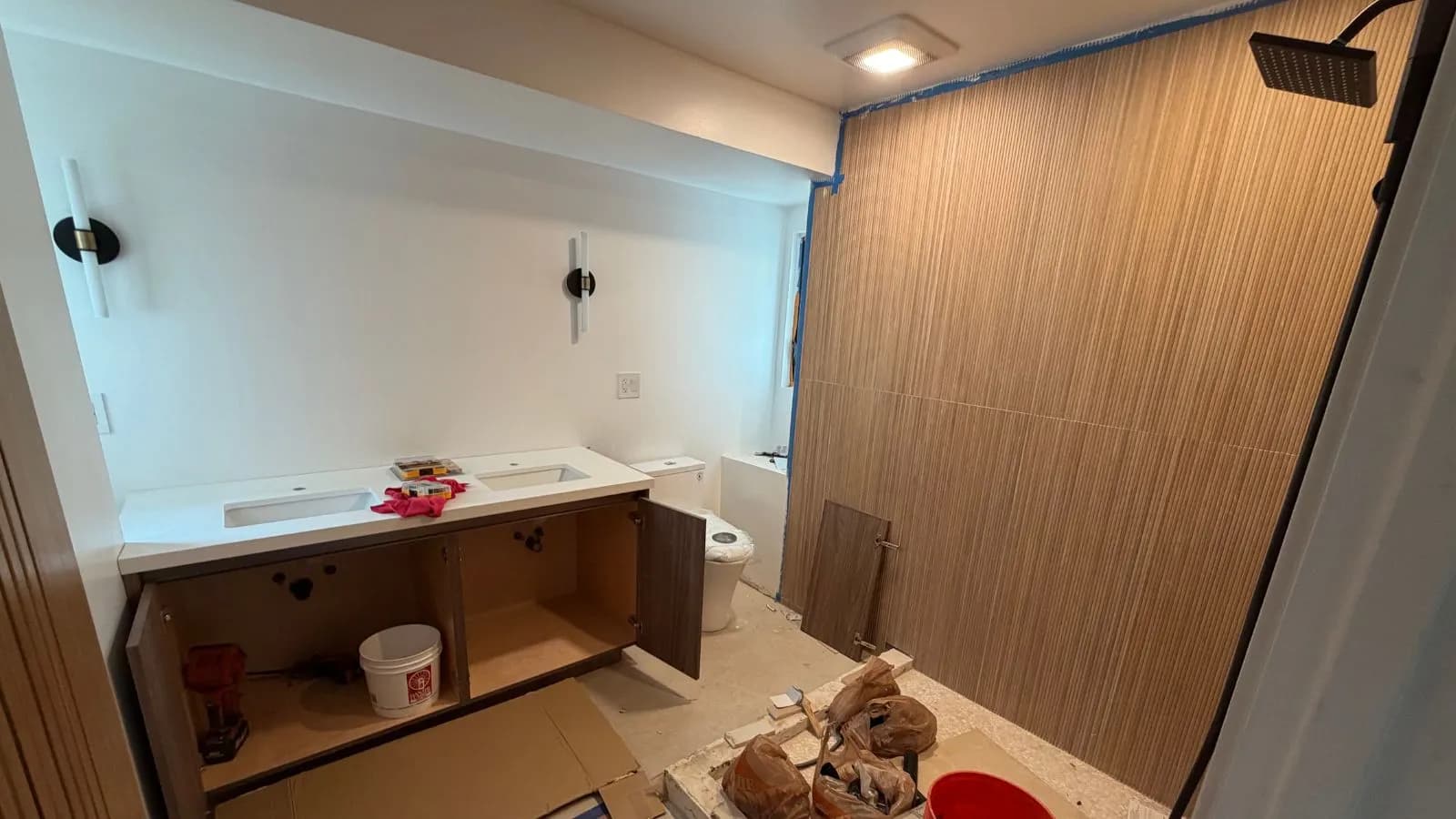 Altadena new construction bathroom rough‑in showing vanity, toilet, and shower preparation