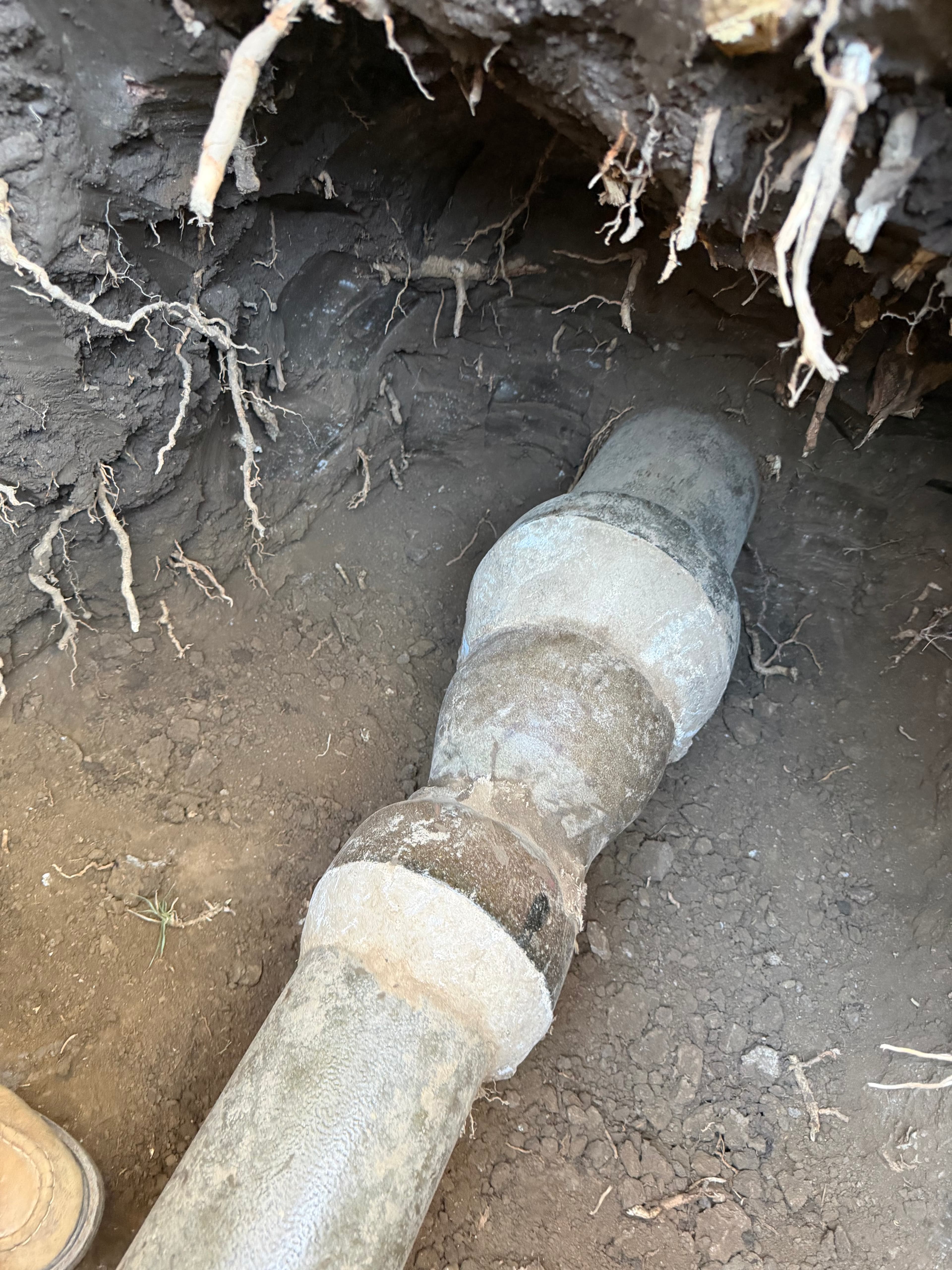 Glendale sewer line before repair showing cracked clay pipe and soil exposure