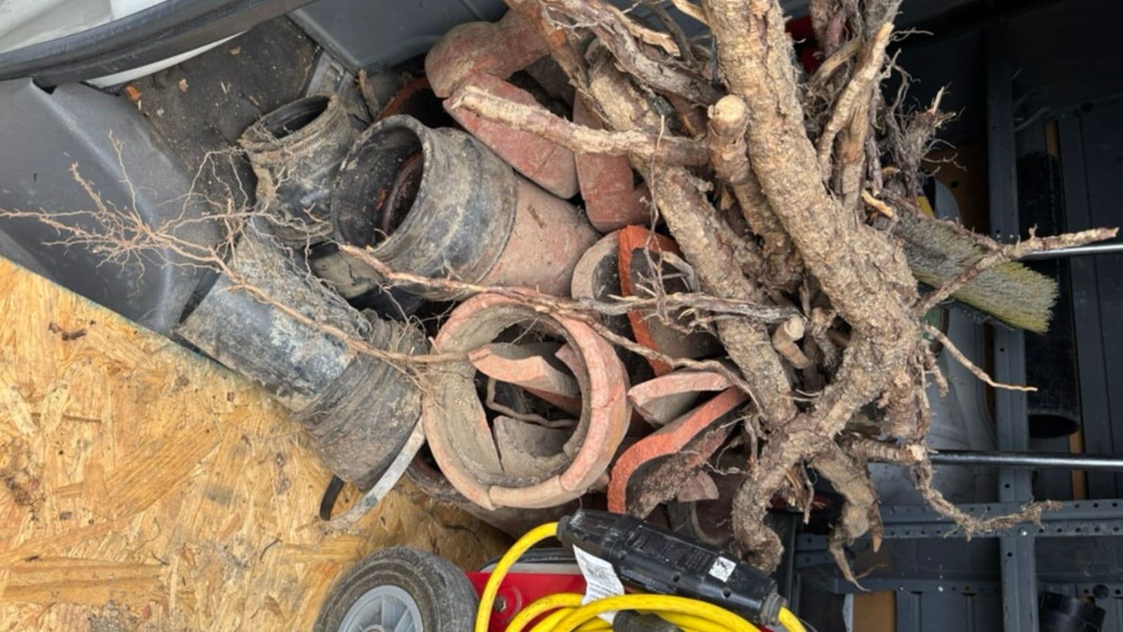 Glendale sewer line root damage before repair – large tree roots removed from clogged pipe section